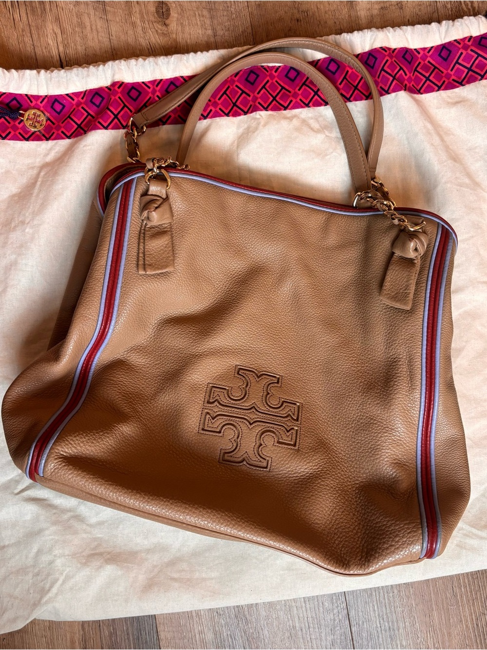 Tory Burch Tan Pebbled Leather bag with Blue and Red Trim
